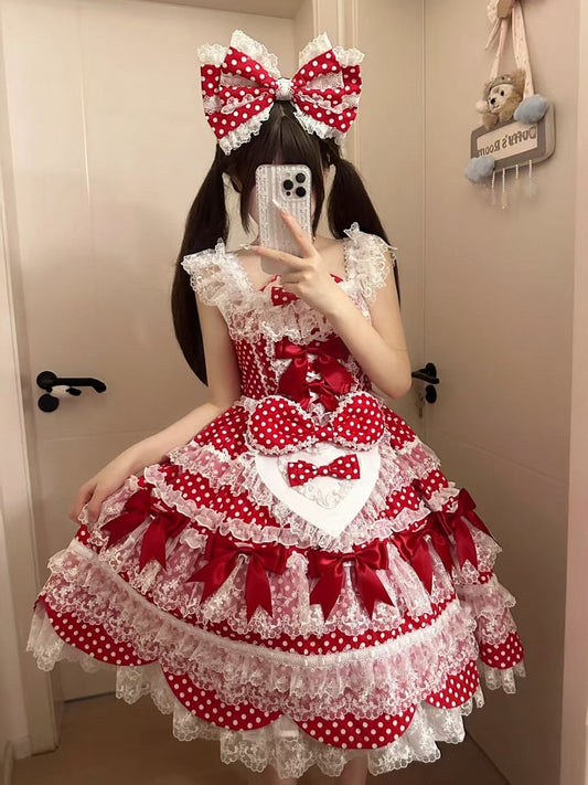 Dress Bow Polka Skirt Lolita Dots School Old Pattern Red Jumper Accents