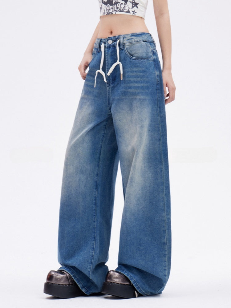 Low Vintage Wide-Leg Jeans Length Drawstring Floor Blue Waist