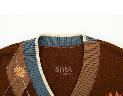 Bunny Daisies Embroidery Cardigan Brown and