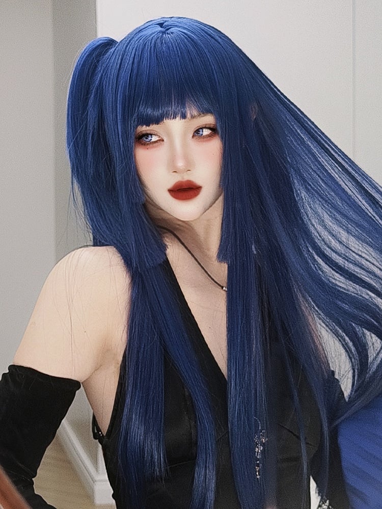 Blue Hime Cut Long Straight Synthetic Wig