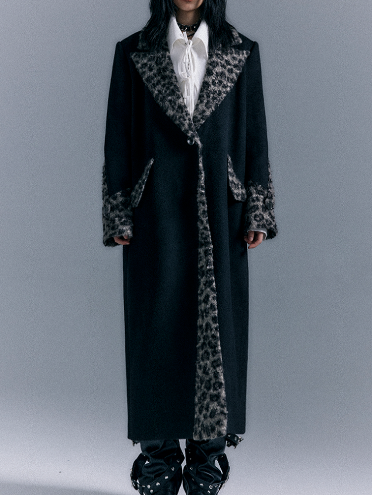 Black Wool Coat with Vintage Leopard Accents