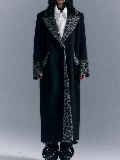 Black Wool Coat with Vintage Leopard Accents