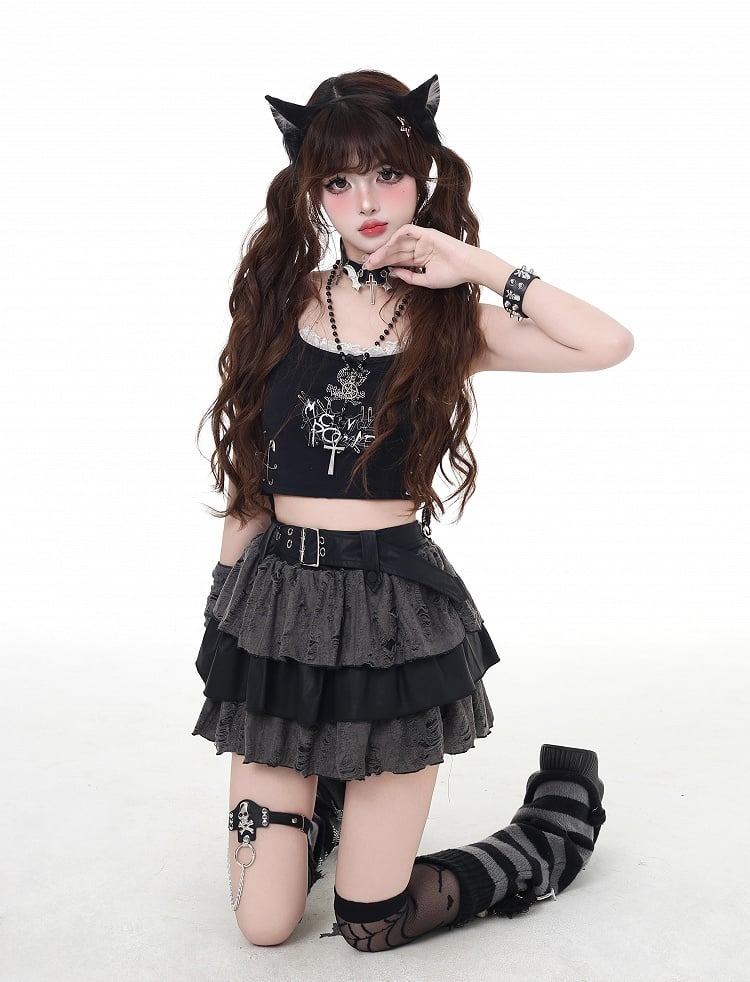 Stufenrock Grau Distressed Löcher Gefüttert