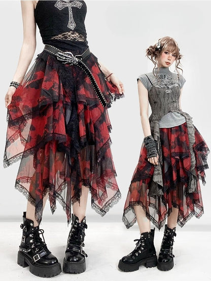 Tie Red Trim Lace Hem Y2K Skirt Handkerchief Dye Tiered