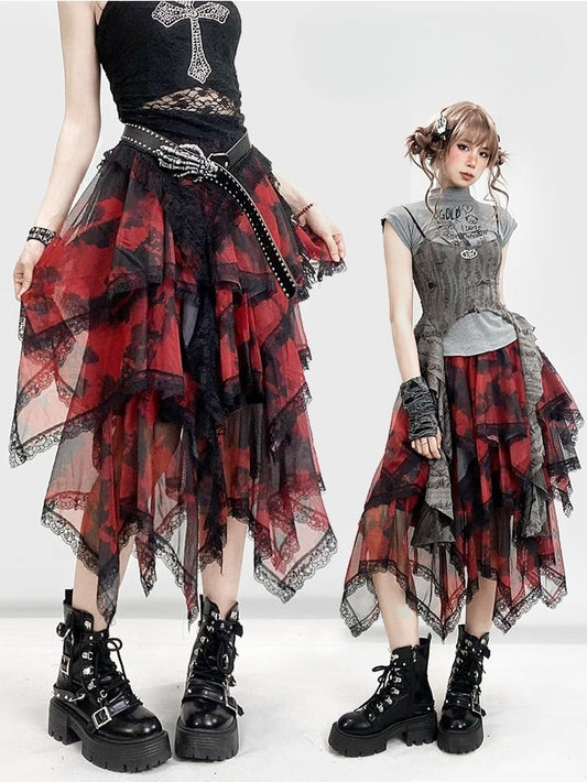 Tie Red Trim Lace Hem Y2K Skirt Handkerchief Dye Tiered