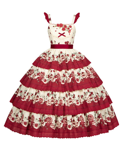 Klassisches Lolita-Teekannenrock-Print in Rot mit gestuftem Rosen-Blumenmuster und Pulloverkleid