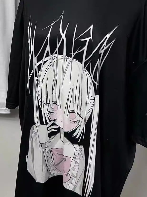 Schwarzes Cartoon T-Shirt Kei Jirai Print Letter And