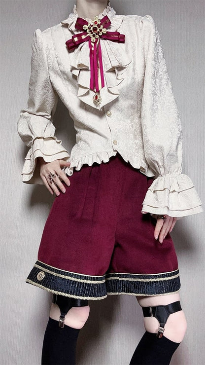 Red Ouji Lolita Gryffindor Outfit Long Sleeves Shirt + Red Swallow Tail Coat + Straight-leg Cut Shorts