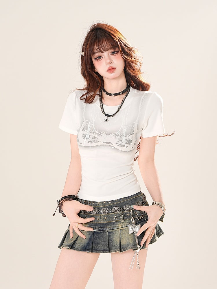 Schwarz/Weißes Slim-Fit-T-Shirt mit Rundhalsausschnitt und Camisole-Print