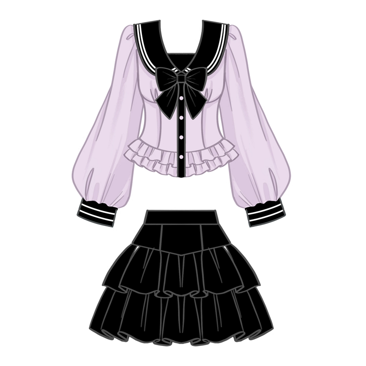 Tiered Skirt Purple + Black Sailor Collar Sleeves Blouse Set - Uniform Bishop Plus Size JK