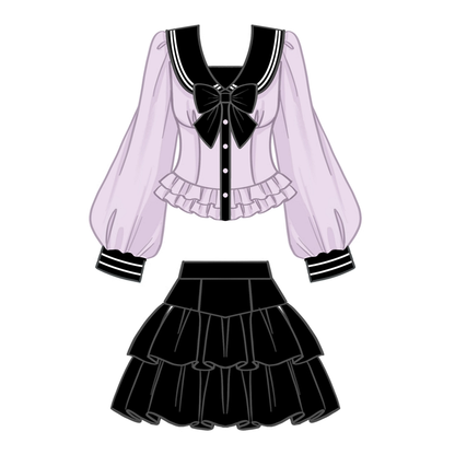 Tiered Skirt Purple + Black Sailor Collar Sleeves Blouse Set - Uniform Bishop Plus Size JK