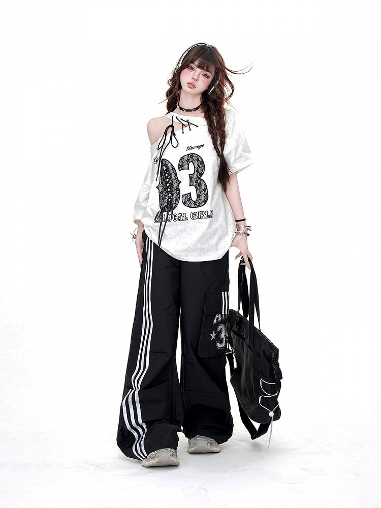 Black Drawstring Waist Cargo Pockets Loose Straight-Leg Pants