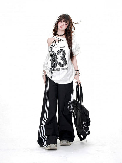 Black Drawstring Waist Cargo Pockets Loose Straight-Leg Pants