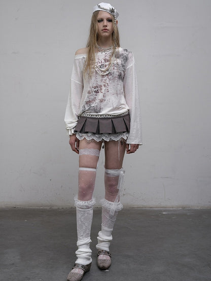 Wasteland Punk Letter Long Top Asymmetrical Blue/Beige Sleeves Neckline Print