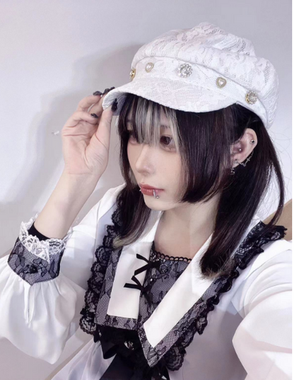White 8-Panel Glimmering Beret Bead with Jirai Lace Rhinestone Style Kei Hat Details
