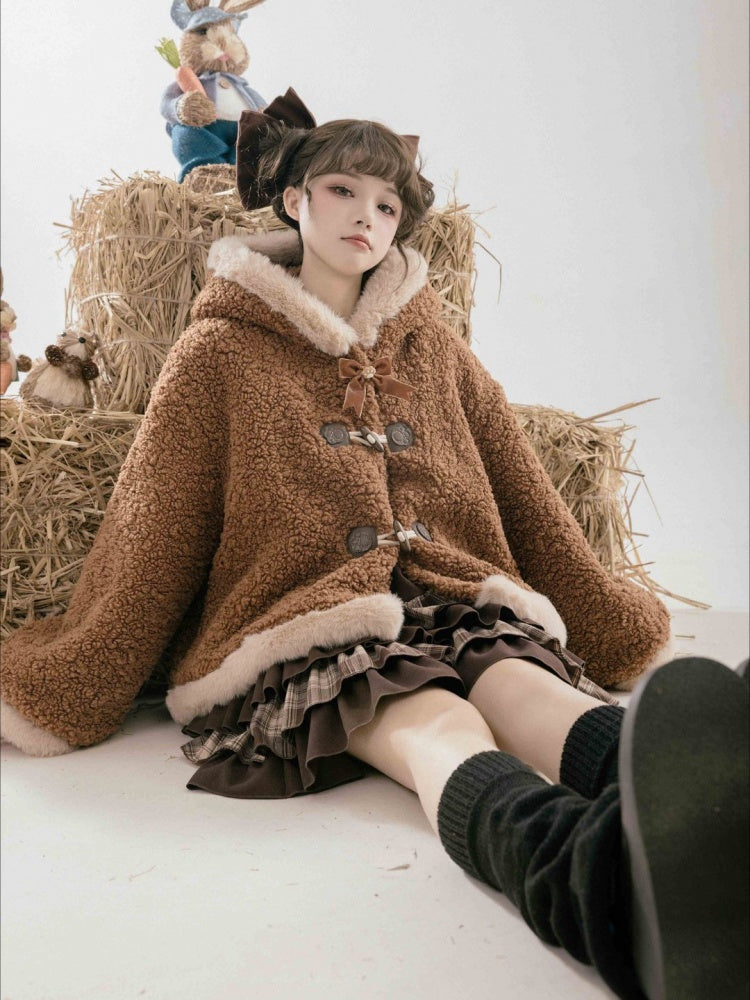 Brauner Fleece-Wintermantel mit Kapuze und Ohren des Kleinen Pandas