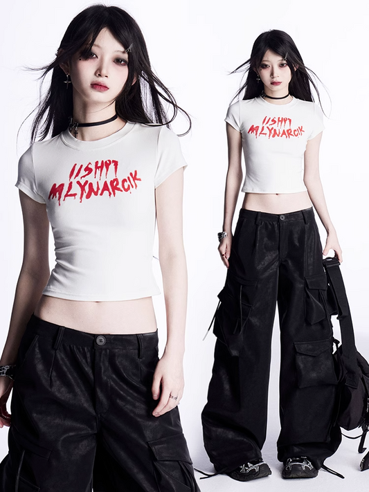 Cropped T-Shirt White Letter Print Bittersweet