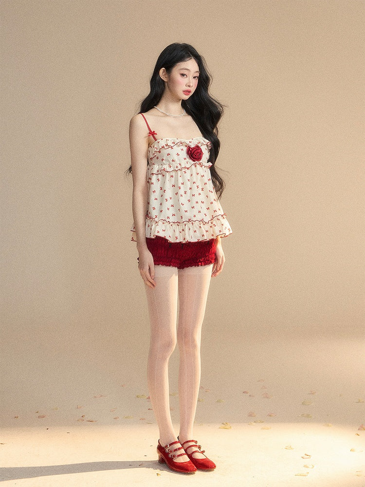 Floral Trim Apricot Ruffled Cami Red Bowknots Print Embellished Top
