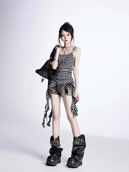 Glamorous Denim Shorts Waist Cross Studs Distressed Black Low