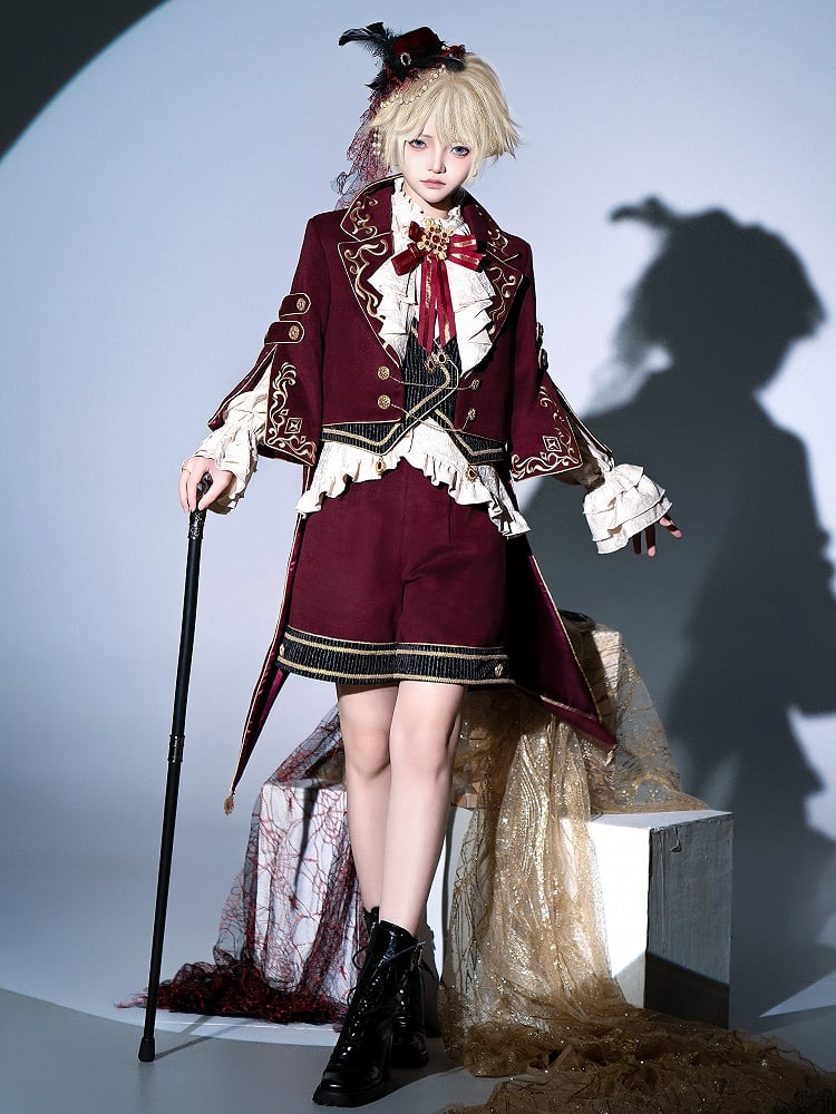 Tenue Lolita Gryffondor Ouji rouge : chemise à manches longues + manteau queue d'hirondelle rouge + short coupe droite