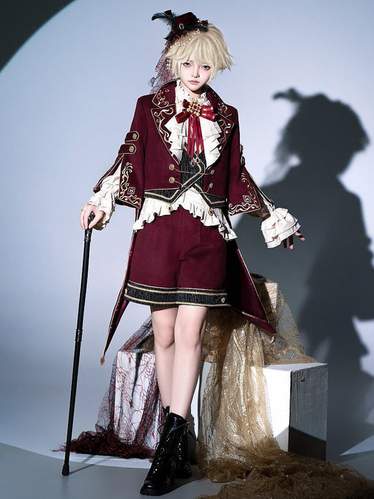 Tenue Lolita Gryffondor Ouji rouge : chemise à manches longues + manteau queue d'hirondelle rouge + short coupe droite