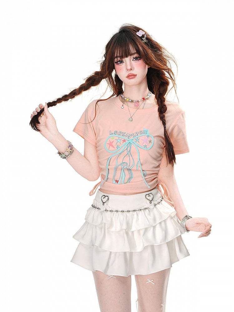 Glamorous Bowknot Black/Yellow/Pink Cropped T-Shirt Drawstring Waist Accent