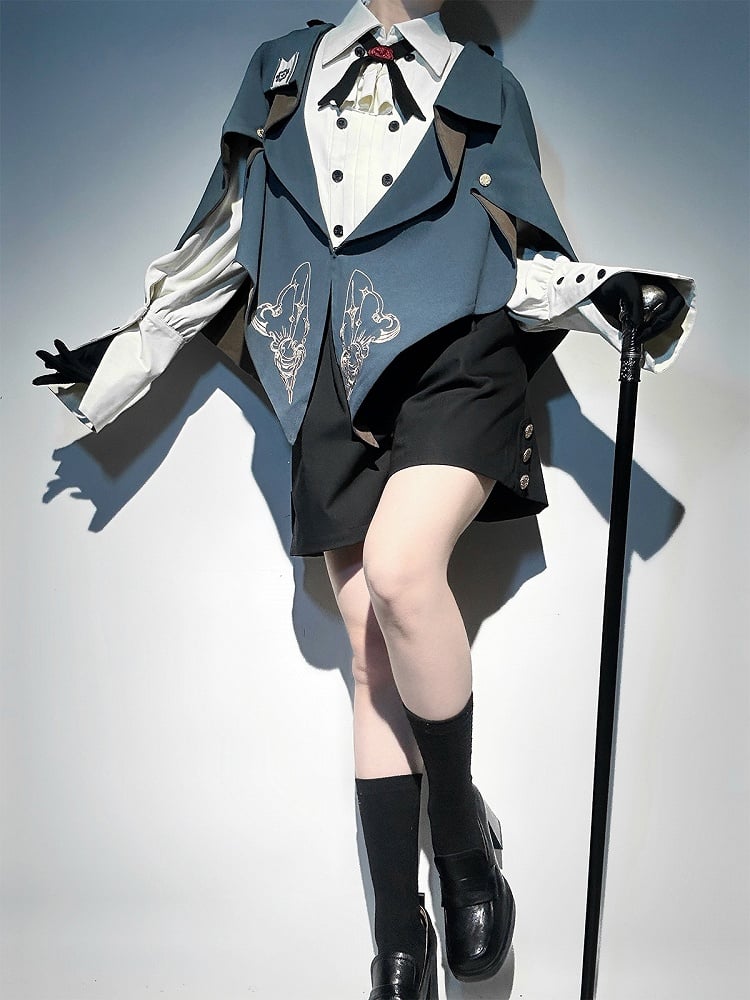 Blue and Brown Ouji Lolita Embroidery Details Pointed Hemline Cape