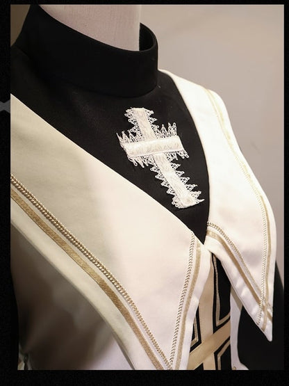 White and Black Nun Lolita Dress Full Set-Bell Sleeves Nun Dress + White Cape + Black Bow Accessory