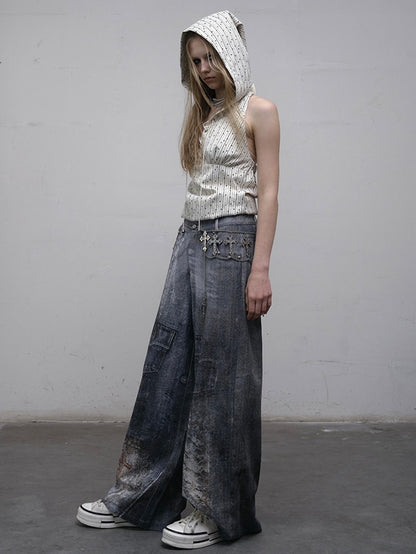Print Lace Jeans Cut Wide-leg Blue Chain Punk Wasteland Details