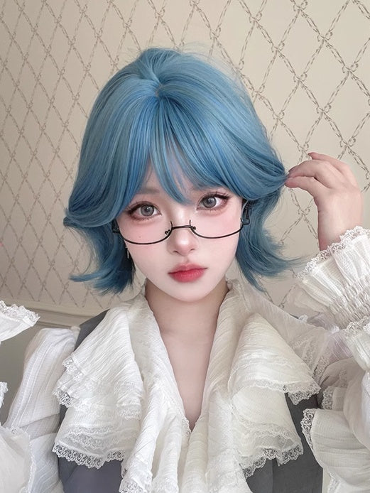 Blue 29CM Short Wig With Air Bangs
