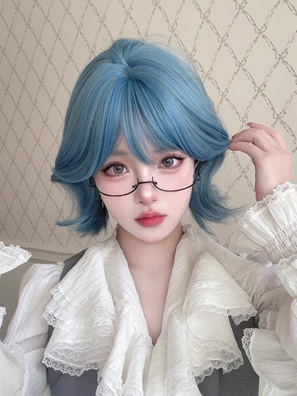 Blue 29CM Short Wig With Air Bangs