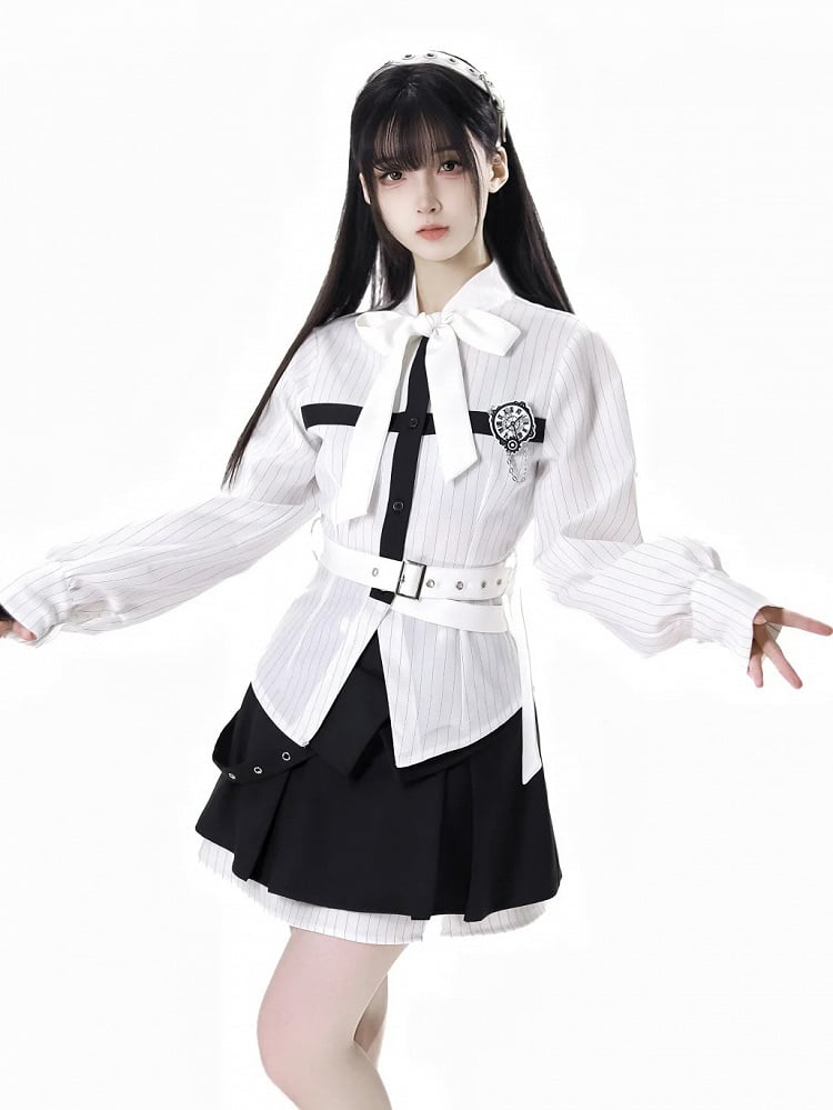 Hemd mit abnehmbarer Schmetterlingsuhr-Brosche, Schleife, schwarz, zum Selbstbinden, weiße Streifen, Kreuz-Design