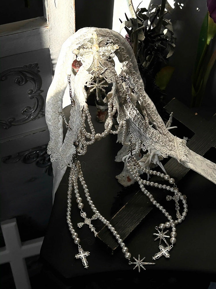 Ceinture gothique Lolita rouge/blanche/bleu foncé/grise avec croix décorée