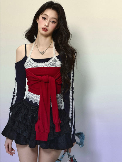 Black and Red Bold Tie Accent Halter Neck Long Sleeves Top