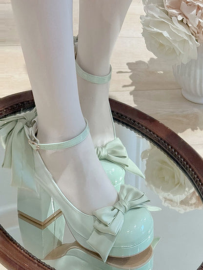Grüne Lolita-Plateauschuhe mit Schleife und runder Mary-Schuh-Details