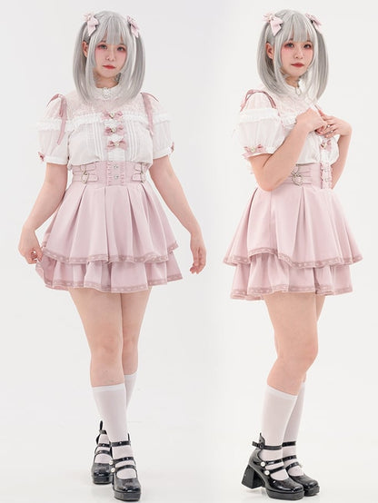 Bowknot Short Jirai Rhinestone Shirt Pleating Pink Details Sleeves Decorated Kei Heart