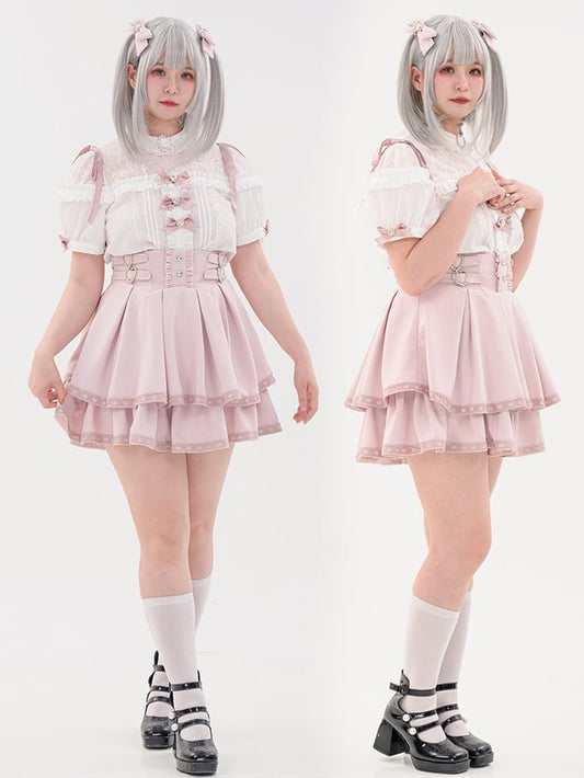 Bowknot Short Jirai Strass Shirt Plissee Pink Details Ärmel verziert Kei Herz