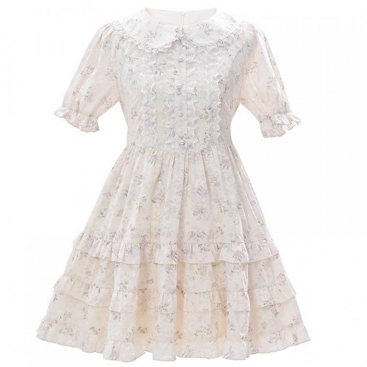 Bow Floral Dress White Peter Pan Collar Self-tie Waist Sweet