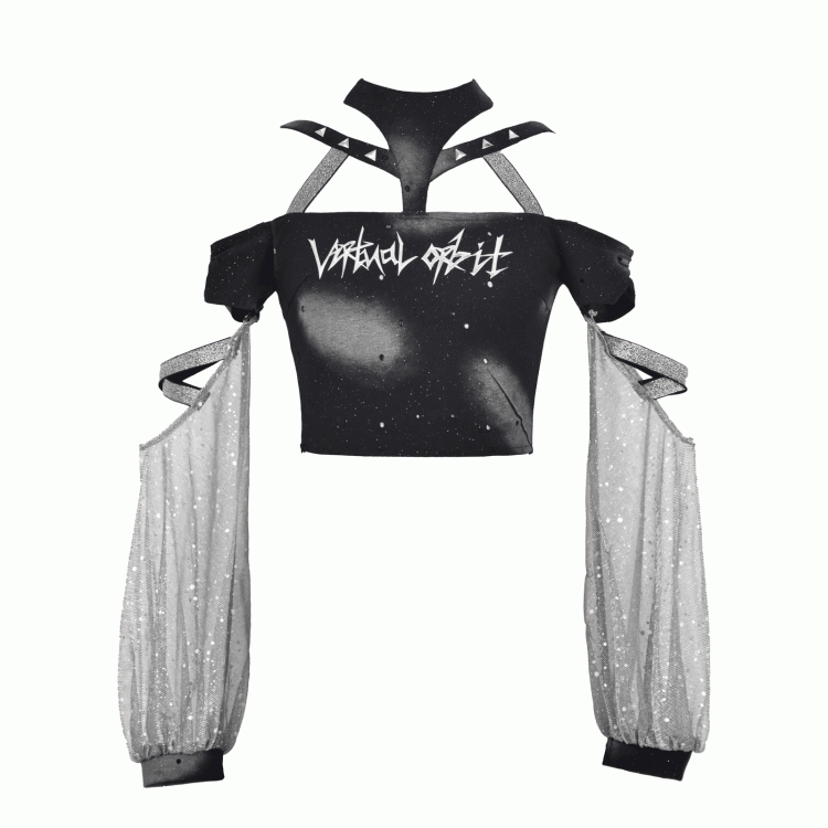 Futuristic Black Halter Neck Fashion Cyberpunk Top with Detachable Sleeves Y3K Cropped