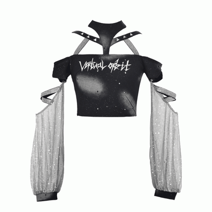 Futuristic Black Halter Neck Fashion Cyberpunk Top with Detachable Sleeves Y3K Cropped