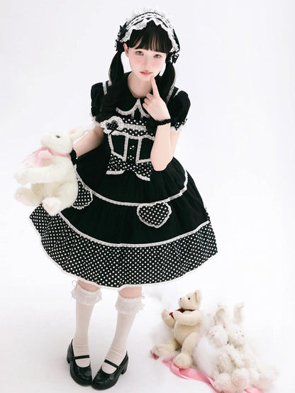 Dress School Polka Old Black Cotton White Dots Lolita