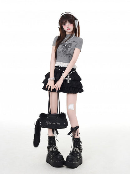 Bow Print Glamorous Cropped Neck Lace Hem T-Shirt Gray/White Mock
