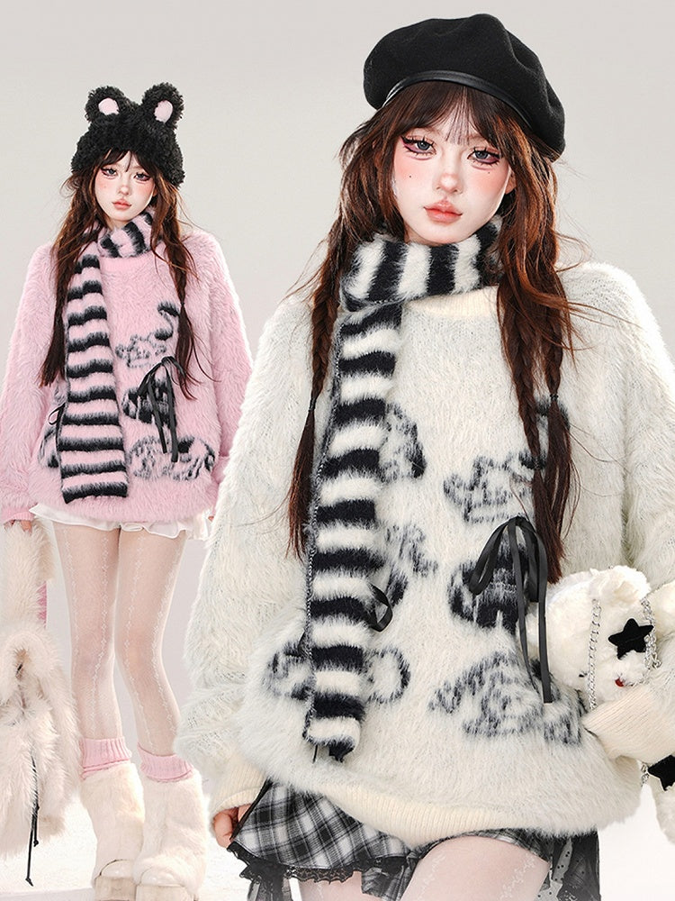 Apricot/Pink Cute Animal Patterns Bows Adorned Mohair Sweater with Free Striped Scarf