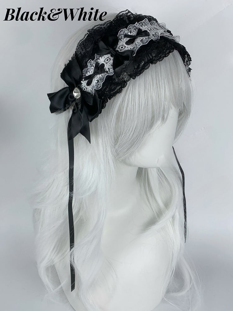 Jirai Kei Bow Rhinestone Ruffled Lace Trim Hairband