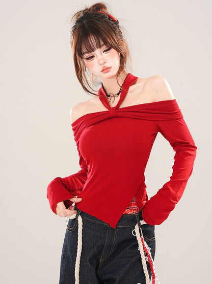 Haut dos nu asymétrique noir/rouge à ourlet fendu