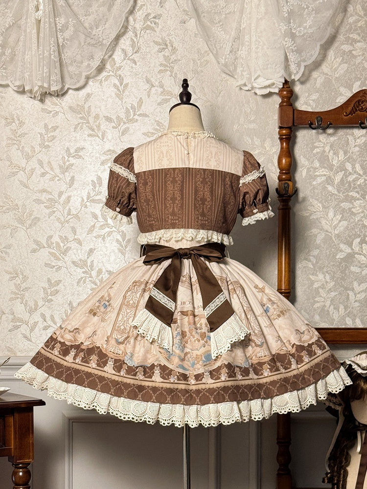 Teddy and Sweet Brown Lolita Print Ruffle Round Dress Neck Kitty OP