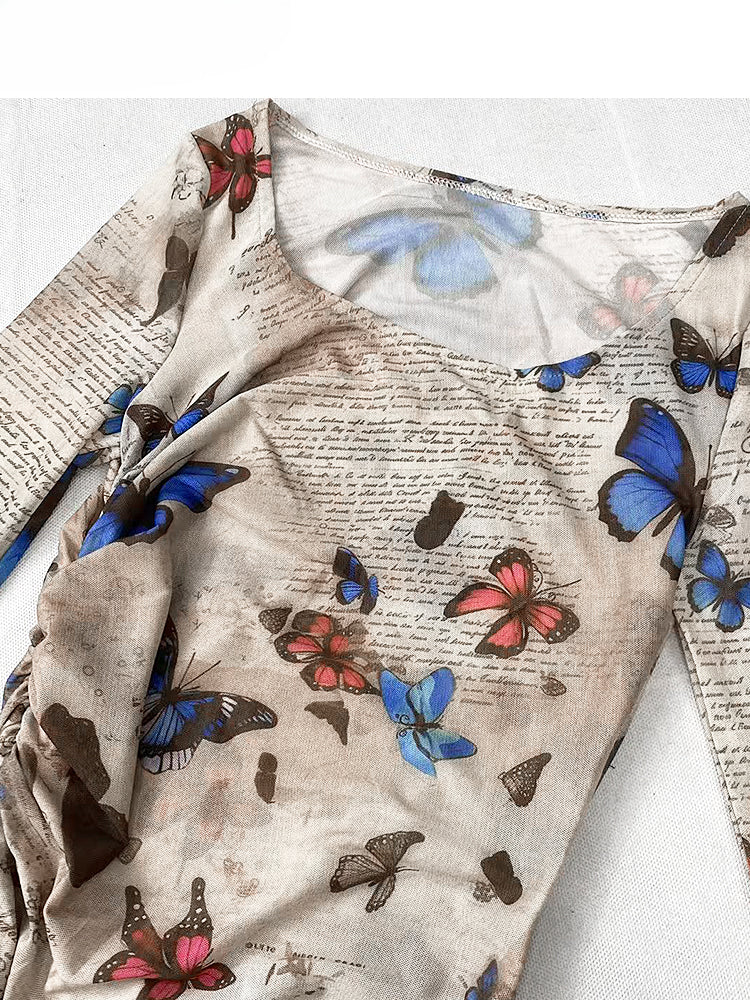 Millard Fashion Vintage Light Coffee Round Neck Butterfly Gathering Details Dress
