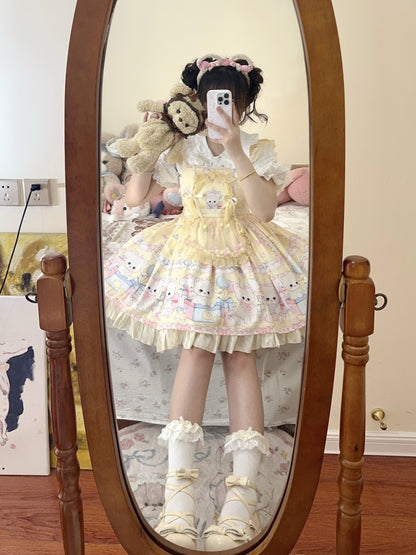 Dress Sweet Yellow Overall Lolita Kitty Polka Pattern Print Dots and