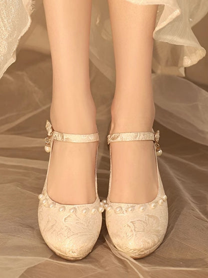 Beige Heels Pattern Lolita Floral Block Mid Details Beads Qi Satin -