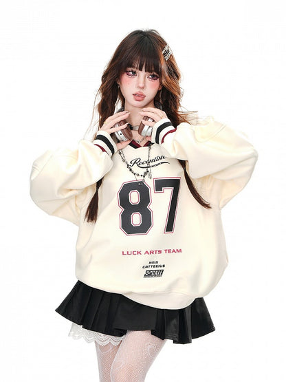 Apricot/Navy Blue V-Neck?Number Print Bittersweet Loose Sweatshirt